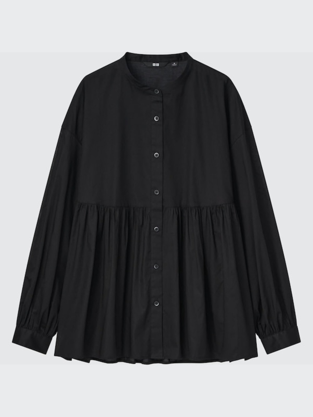UNIQLO Cotton Gathered Long Sleeve Blouse Black Lightweight Button-Front Size M